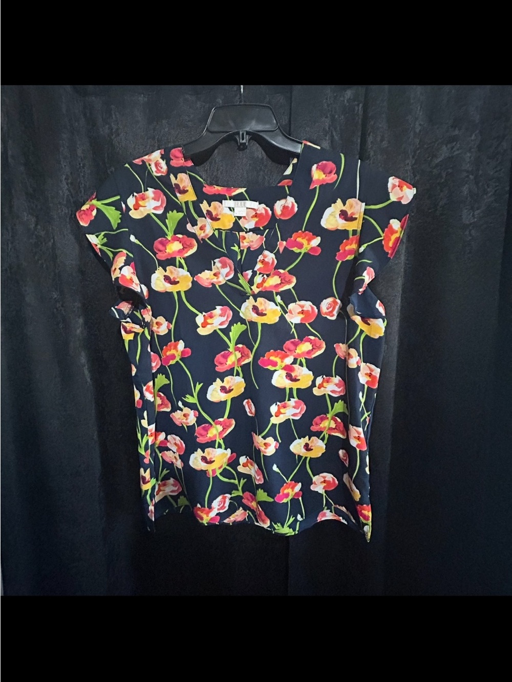 C&E Navy Floral Short-Sleeve Blouse with Pink & Yellow Blooms